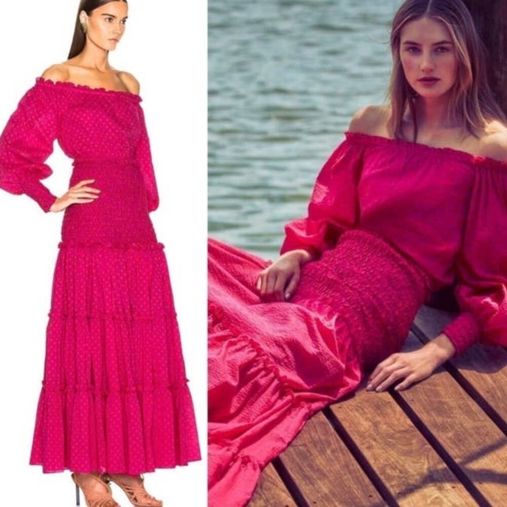 Alexis Thalssa Off The Shoulder Shirred Fuschia Dot Maxi Dress Small Preowned